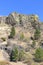 Green trees climb steep rocky basalt cliff on Central Washington