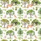 Green trees. Park, forest pattern with forest animals - deer, rabbits, antelope. Seamless background. Watercolor pattern