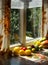 Green trees seen through the old window. tomatoes lie near a window