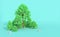 Green trees, shrubs, isolated on electric blue background, recreational backdrop, 3D rendering,