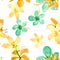 Green Tropical Design. Gray Seamless Art. Yellow Pattern Leaf. Pink Drawing Texture. Natural Wallpaper Vintage.