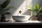 green tropical white sink clean design ceramic interior leaf bathroom home. Generative AI.