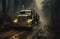 A green truck drives through the foggy forest, delivering cargo in any weather conditions