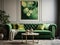 Green tufted velvet chesterfield sofa and poster on the wall. Interior design of modern living room