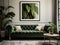 Green tufted velvet chesterfield sofa and poster on the wall. Interior design of modern living room