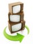 Green turning arrows around vintage televisions. 3D illustration