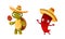 Green Turtle and Chilli Pepper in Sombrero Hat Playing Maraca as Mexican Culture Symbols Vector Set