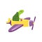 Green turtle flying on yellow plane with purple wings and propeller. Funny pilot of airplane. Flat vector design for