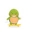 Green turtle with a purple shell and a yellow belly rides skateboard and laughs. Isolated vector illustrations on white background