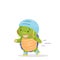 Green turtle rides on rollers. Blue helmet on his head and blows the wind. Isolated vector illustrations on white background.