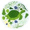 Green turtle in Scandinavian style with painted shell pattern hand drawn, among seaweed, starfish, seashells