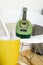 Green ukulele on a chair in a modern studio