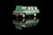 Green USSR car die-cast model on the black reflective background