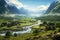Green valley with beatiful view on river and mountains. Generative AI