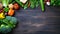 green vegetables on a wooden table , design frame isolated on wooden table top view flat layout aspect ratio 16:9 generative ai