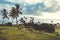 Green vegetation, palm trees and cloudy sky near the sea in Hawaii, US