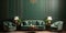 Green velvet sofa and armchairs in room with paneling walls. Interior design of neoclassical living room