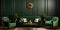 Green velvet sofa and armchairs in room with paneling walls. Interior design of neoclassical living room