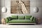 Green velvet sofa near concrete wall with stone poster. Interior design of modern living room. Created with generative AI