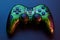 Green video game controller, joystick for game console isolated on black background