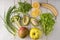 Green village, apples and avocados on white boards