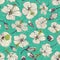 Green vintage hibiscus flowers and buds seamless repeat pattern with textured background. Perfect for fabric, clothing, pac