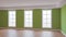 Green Walls Interior, Three Large Windows, Light Glossy Herringbone Parquet Floor