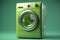 Green washing machine with water running, eco-friendly laundry concept