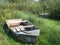 Green water, boat near water, reeds in green water, duckweed in in water