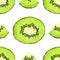 Green watercolor kiwi fruit slice seamless pattern. Realistic botanical watercolour background illustration. Fresh exotic tropical