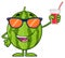 Green Watermelon Fresh Fruit Cartoon Mascot Character With Sunglasses Presenting And Holding Up A Glass Of Juice