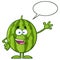 Green Watermelon Fruit Cartoon Mascot Character Waving For Greeting With Speech Bubble