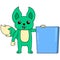 Green weasel standing holding a blank board banner template, doodle icon image kawaii