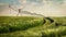 Green Wheat Field with Irrigation System