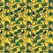 Green whimsical floral repeating pattern over deep yellow background