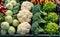 Green and White Broccoli, Cauliflowers, Cabbage and Turnips on sale. Vegetable Background and Natural Pattern