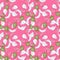 Green and white random contoured abstract fruits seamless pattern. Pink background. Banana, apple, pear and plum print