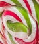 Green, white and red candy Christmas stick, lollipop