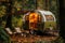 A green and white trailer is peacefully parked amidst the tranquility of the wooded surroundings, A vintage camper vehicle turned