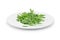 Green wild rocket leaves in the white plate on white