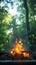Green wilderness setting Campfire crackles amid lush foliage