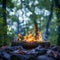 Green wilderness setting Campfire crackles amid lush foliage