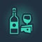 Green Wine bottle with glass and cheese icon isolated on blue background. Romantic dinner. Abstract circle random dots