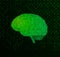 Green wireframe brain with binary numeral text BG