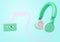 Green wireless headphones link cassette tapes , 3d rendering
