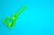 Green Witches broom icon isolated on blue background. Happy Halloween party. Minimalism concept. 3D render illustration