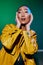 Green woman make-up fashion trendy beauty yellow colorful light glamour female neon disco stylish
