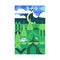Green wood landscape in cubist style, poster. Abstract summer forest card. Geometric spring woodland. Vertical