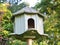 Green wooden dovecote in garden with blurred background