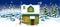 Green wooden house with a snowman in the winter forest